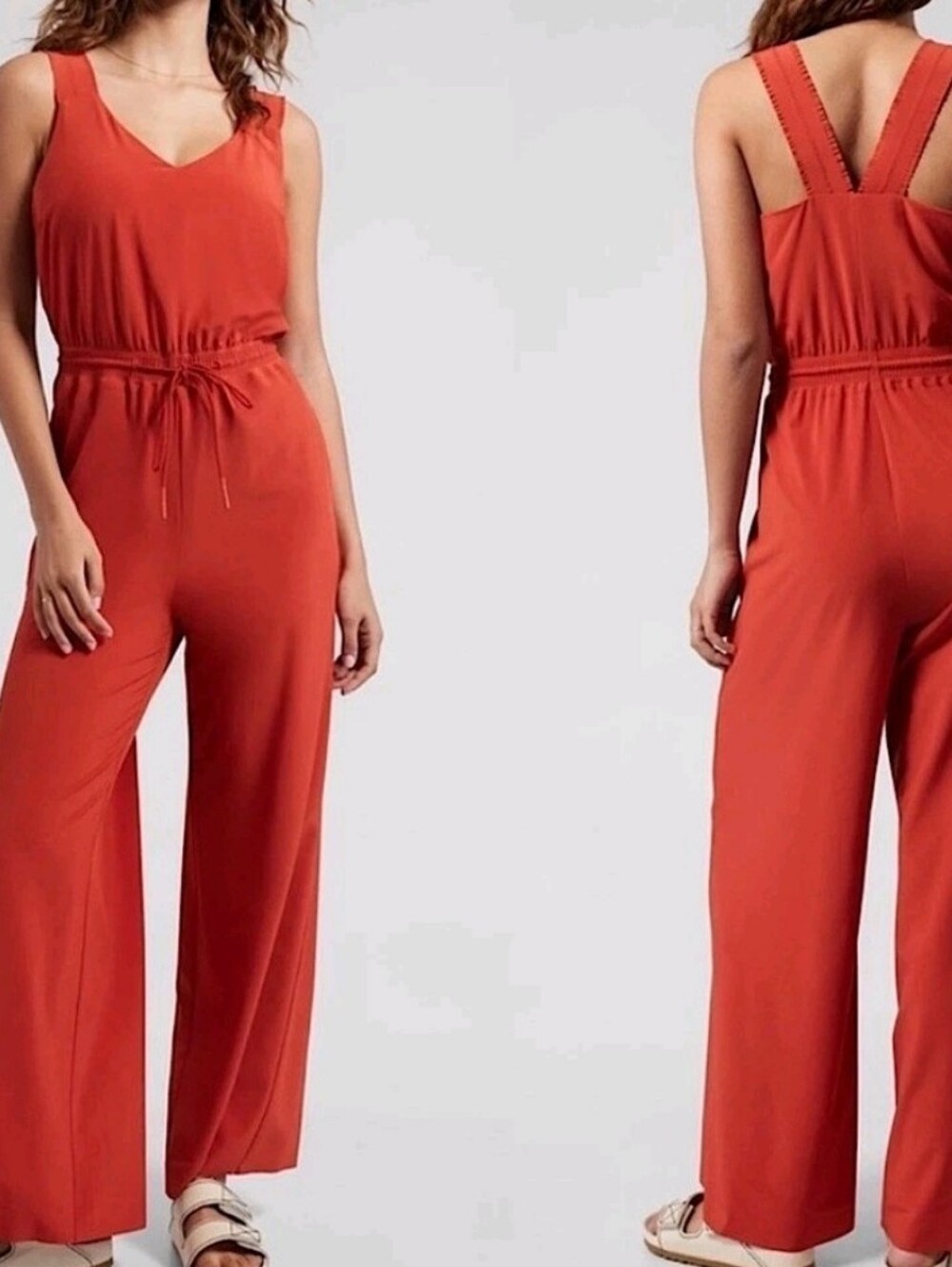 Athleta Savannah Jumpsuit V-Neck Wide Leg Featherweight Stretch Currant  Size 12